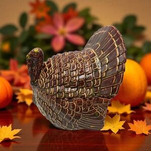 Vintage Ceramic Turkey Lidded Bowl Thanksgiving Decor Candy Nut Dish Felt Bottom